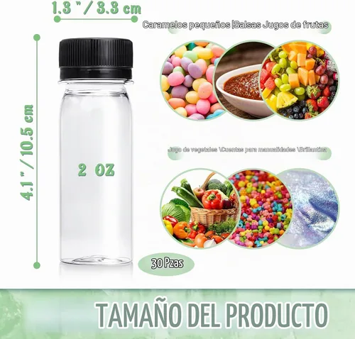 Vista 2 de Xuyyicao 30 Piezas Botellas Pequeñas de Plástico de 2 Oz para Líquidos, Botella para Shot de Jengibre con Tapas, Recipientes de Bebidas Negro