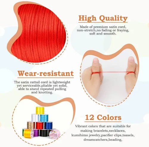 Vista 5 de Cridoz 12 rollos de cuerda de nailon para pulseras, cordón de seda de cola de rata satinado, cuerda sedosa para cuentas para Kumihimo, pulseras