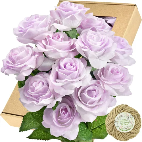 Vista 21 de FiveSeasonStuff 12 tallos de flores artificiales azul hielo, rosas de seda de tacto real para decoración de boda, en caja de regalo Azul helado