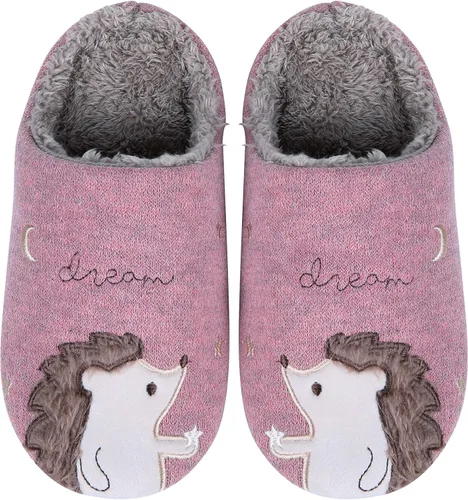 Vista 2 de Shevalues Pantuflas con forro de piel de animal para niños, niñas y niños, zapatos de casa de erizo de unicornio, mullidos bordados, para interiores