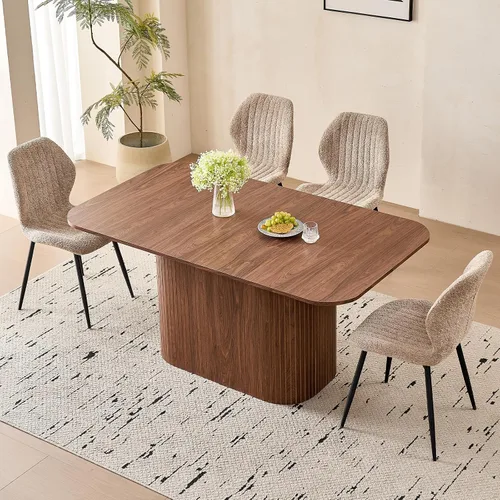 Vista 25 de Juego de 4 mesas de comedor grandes de 63 pulgadas para 4, esquinas redondeadas, mesa de cocina rectangular moderna de madera con sillas Boucle