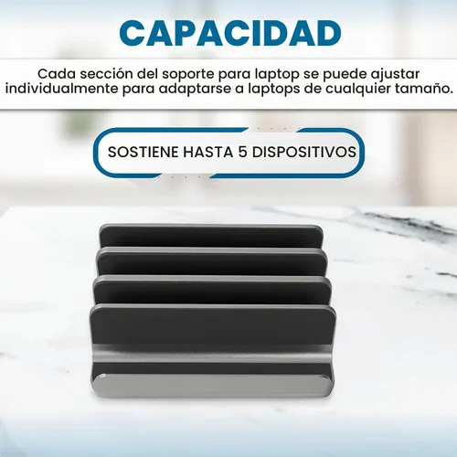 Vista 2 de Elestoria Soporte vertical para laptop con 5 ranuras, soporte vertical de aluminio para computadora de escritorio, compatible con MacBook Pro/Air