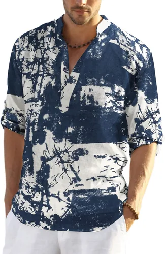 Vista 23 de COOFANDY Camiseta Henley de algodón y lino para hombre, de manga larga, estilo hippie, casual, playera