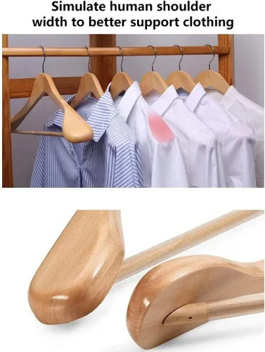 Vista 2 de Paquete de 12 perchas de madera de hombro ancho, perchas para trajes con barra antideslizante para pantalones, acabado liso, gancho giratorio