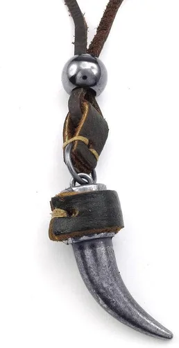 Vista 2 de jonline24h Mens Adjustable Tribal Wolf Tooth Pendant Leather Necklace Chain Brown Black Silver