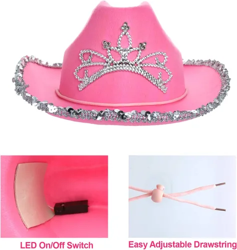 Vista 4 de GiftExpress Sombrero de vaquera con tiara rosa parpadeante LED para niño - tamaño infantil