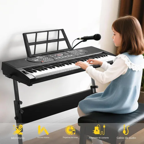 Vista 4 de Piano de teclado de 61 teclas con soporte, kit de teclado de piano eléctrico portátil para principiantes con soporte, micrófono, calcomanías