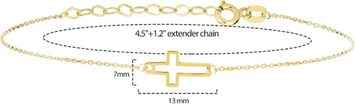Vista 3 de Pulsera de cruz de oro macizo de 14 quilates para mujeres, adolescentes, bebés, pulsera de cruz ajustable de oro real Pulsera chapada en oro