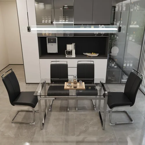 Vista 2 de Conjunto de mesa de comedor de vidrio Hilknen para 4, juego de mesa de comedor rectangular moderno para 4, juego de mesa de cocina de 51' de plata
