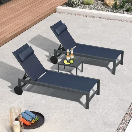 Vista 15 de PURPLE LEAF Juego de sillas de lounge al aire libre de gran tamaño de 3 piezas para patio, tumbona para piscina, estructura de aluminio con mesa