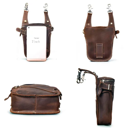 Vista 4 de Le'aokuu - Bolso de pierna para moto, de cuero genuino, para hombre, bolso tipo mensajero a la cintura), B9326