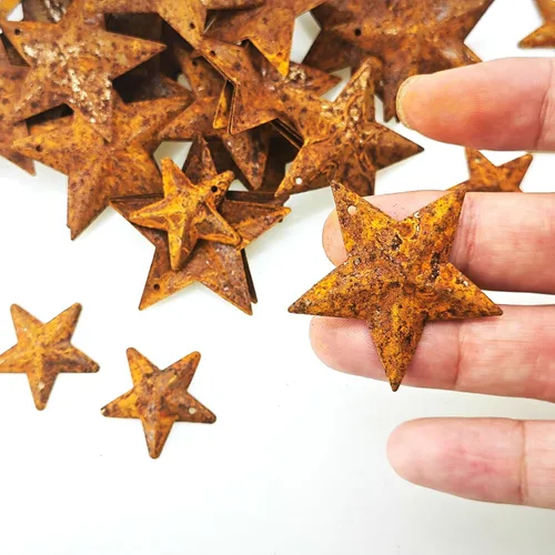 Vista 2 de vibnumom 100 estrellas de metal oxidado, estrella de granero rústica con agujero, ornamental, estrellas de metal vintage para manualidades