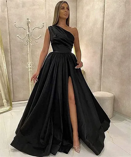 Vista 3 de Vestido de noche formal sin mangas con un solo hombro para dama de honor, con abertura alta