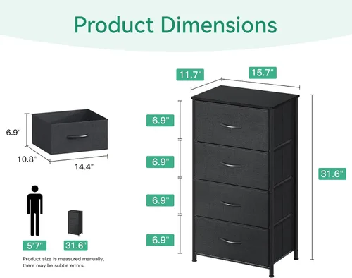 Vista 3 de AODK - Cómoda para dormitorio con 4 cajones de almacenamiento, cómoda pequeña de tela con marco de acero resistente, color negro Cómoda de tela
