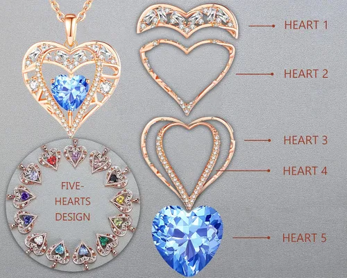 Vista 53 de Collar de cristal de 5 corazones, chapado en oro rosa de 18 quilates, colgante con cadena de plata de ley 925 de 18 + 2 pulgadas, joyería de piedra