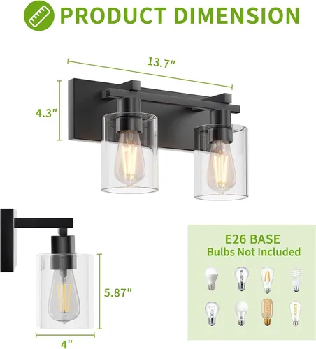 Vista 2 de Bathroom Light Fixtures Over Mirror, 2-Light Modern Matte Black Bathroom Vanity Light, Wall Lights with Clear Glass Shade, Living Room, Bedroom