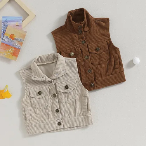 Vista 7 de Omkzanbi Chaleco de pana para niños y niñas, con cuello alto, bolsillo con botones, sin mangas, para otoño e invierno
