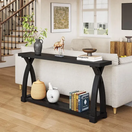 Vista 5 de Mesa consola de madera maciza para entrada, mesa estrecha de 63 pulgadas para sofá con almacenamiento de 2 niveles para entrada, vestíbulo, sala