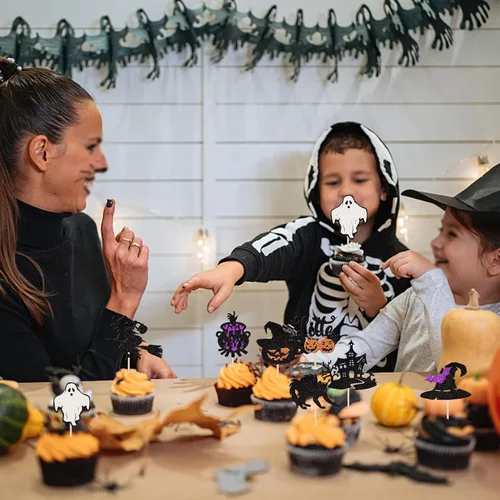 Vista 6 de Rsstarxi Paquete de 24 adornos para cupcakes Little Boo con purpurina, bruja, gato, calabaza, castillo, fantasma, magdalenas, alimentos, decoración