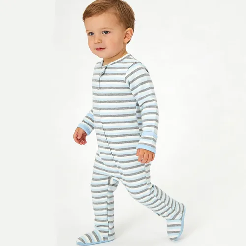 Vista 7 de Aablexema Pijama de bebé de algodón con puños de manopla, doble cremallera Azul/Gris/Rayas
