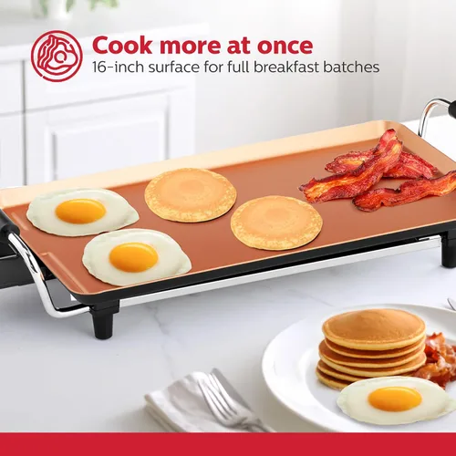 Vista 2 de Holstein Housewares Plancha eléctrica de 16 pulgadas, revestimiento antiadherente Healthy-Eco y sin humo, gran superficie de cocción para hacer