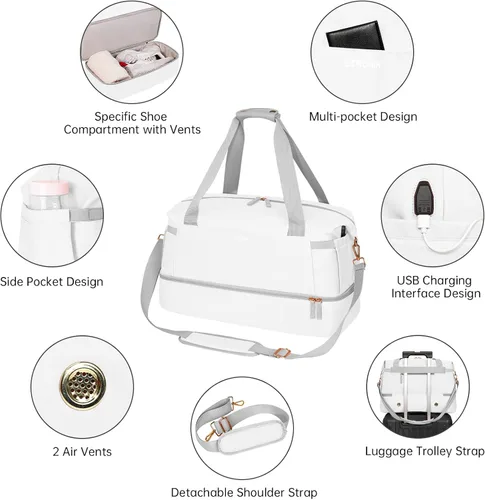 Vista 4 de ETRONIK Bolsa de gimnasio para mujer, bolsa de viaje con puerto de carga USB, bolsa de fin de semana con bolsillo húmedo y compartimento