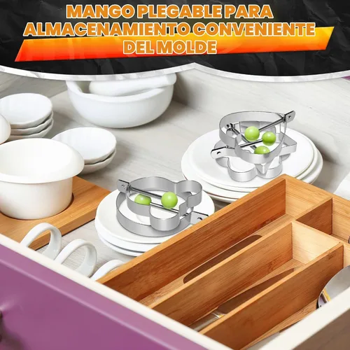 Vista 9 de Juego de moldes para panqueques de 5 piezas, acero inoxidable, asas plegables