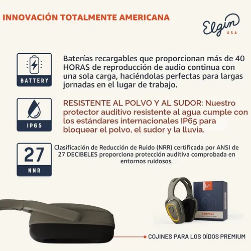 Vista 3 de Elgin Rampage - Auriculares Bluetooth de protección auditiva, compatibles con OSHA, 25 dB NRR, micrófono de aislamiento de ruido, batería de más