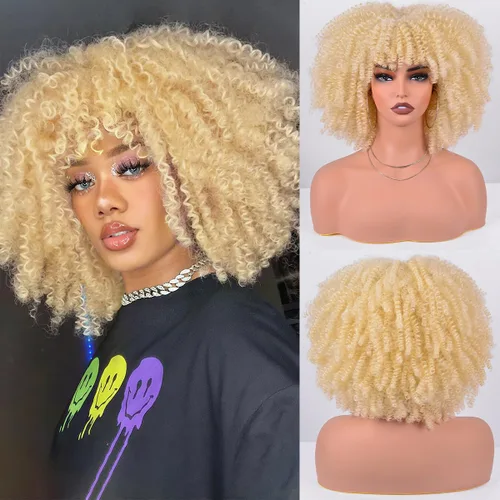 Vista 27 de Vitorish Peluca corta afro rizada con flequillo para mujeres negras, peluca sintética resistente al calor, color negro natural, para uso diario