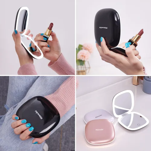 Vista 4 de Mocado Espejo de maquillaje compacto LED con aumento para viajes - 4 pulgadas 1X/10X de aumento, pequeño de bolsillo, doble cara, regulable, USB