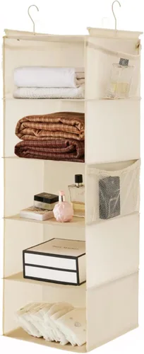 Vista 14 de MAX Houser Organizador Colgante de Closet de 5 Niveles, Estante Colgante de Tela con 2 Ganchos Resistentes para Almacenamiento, Plegable (Beige-D2)