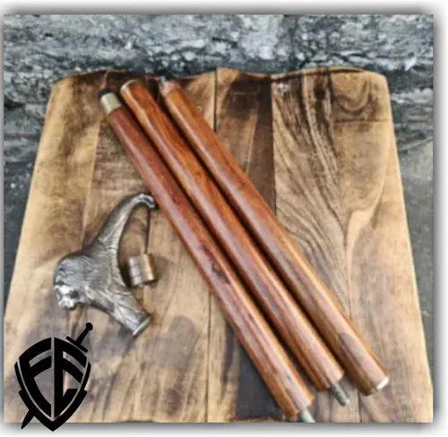Vista 3 de Bastón de madera vintage de diseño antiguo con mango de cabeza de león de latón marrón hecho a mano
