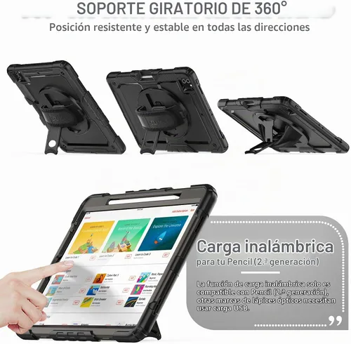 Vista 4 de SEYMAC stock Funda para iPad Pro de 12.9 pulgadas 2022/2021/2020/2018, color negro With Screen Protector, 360 Rotating Stand Hand Strap