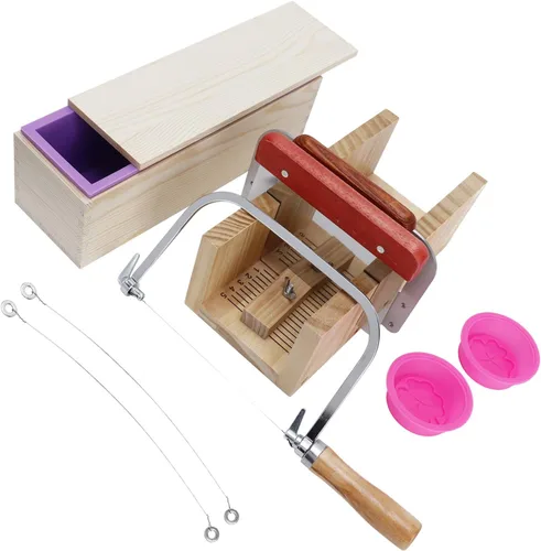 Vista 2 de Kit de jabón de silicona de 40.6 fl oz con cortador de pan de madera, 9 piezas, herramienta de corte para hacer jabón, multifuncional, alta