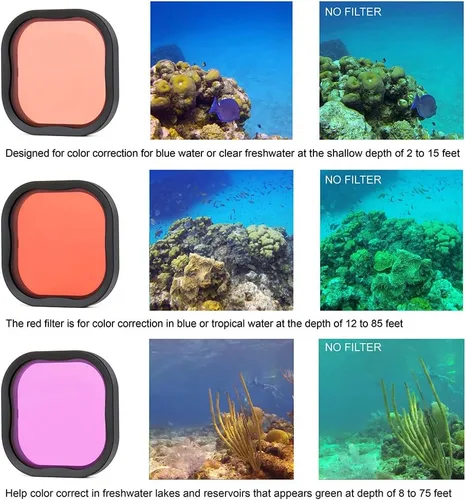 Vista 5 de SOONSUN Paquete de 3 filtros de buceo para GoPro Hero 8, 9, 10, 11, carcasa impermeable oficial, color rojo, rojo claro, filtros magenta, mejora