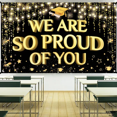 Vista 8 de KatchOn, XtraLarge We are So Proud of You Banner – 72 x 44 pulgadas Fondo de graduación negro y dorado 2026 para decoraciones de graduación 2026