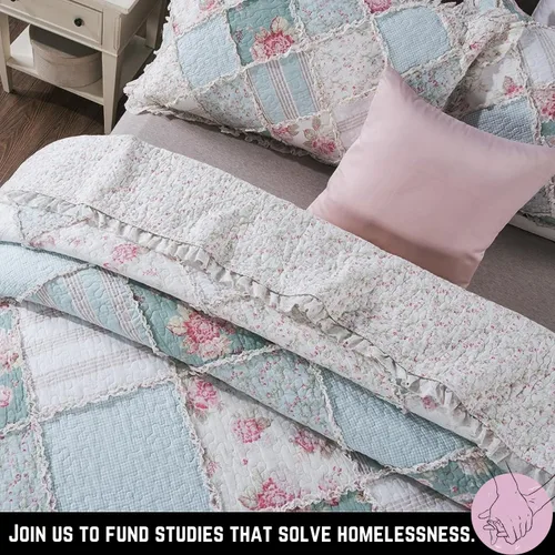 Vista 9 de DaDa Bedding - Juego de colcha de algodón con diseño de retazos florales campestres con un toque de menta, acolchada, con volantes multicolor pastel