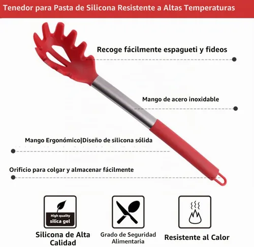 Vista 3 de Tenedor de silicona para pasta, cuchara de espagueti, para cocina, resistente al calor, cuchara de pasta de grado alimenticio con mango de acero