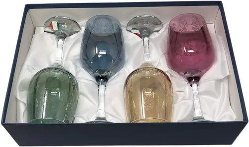 Vista 6 de Copas italianas para bebidas de agua/vino – Set multicolor: rojo, oro, azul, verde hecho a mano en Italia "Cristalleria Fratteli Fumo", juego de 4