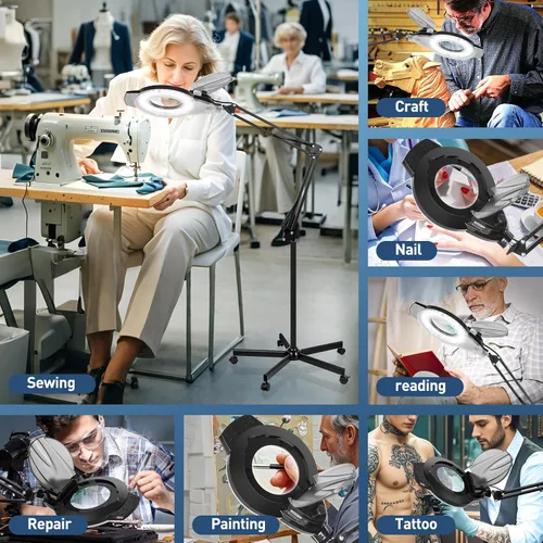 Vista 12 de KIRKAS Lámpara de pie con aumento de 2,200 lúmenes para esteticista, lente de cristal real de 12 aumentos con base rodante de 5 ruedas, soporte