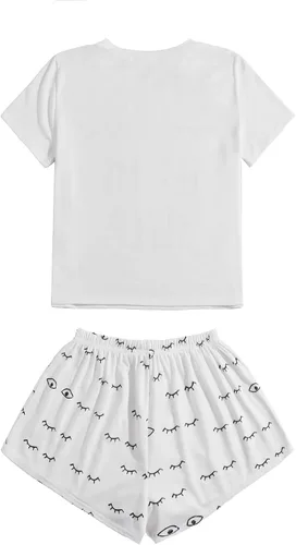 Vista 2 de WDIRARA - Conjunto de pijama con camiseta y short para mujer, con estampado de ojos cerrados
