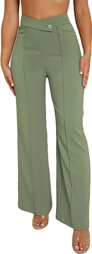 Vista 6 de SweatyRocks Pantalones de pierna ancha Palazzo con costura en la cintura superpuesta para mujer, pantalones largos de cintura alta, pantalones
