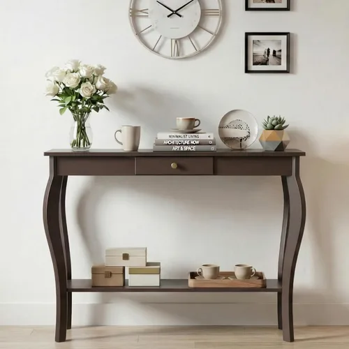Vista 8 de ChooChoo Mesa consola estrecha con cajón, elegante mesa de sofá, mesa de entrada, color negro