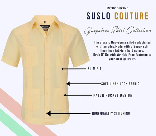 Vista 3 de Suslo Couture Guayabera de manga corta para hombre con botones de lino