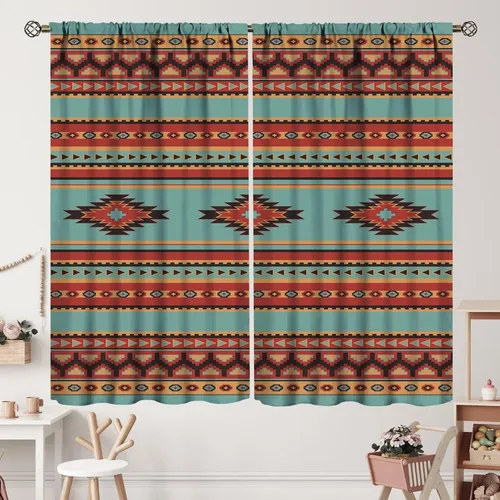 Vista 149 de Cortinas con patrón geométrico tribal, estilo suroeste, azteca, rústico, occidental, nativo americano, opacas, con bolsillo para barra, decoración