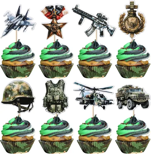 Vista 11 de 24 paquetes de adornos para cupcakes con temática militar, púas para cupcakes con temática de campo de entrenamiento, adornos para cupcakes