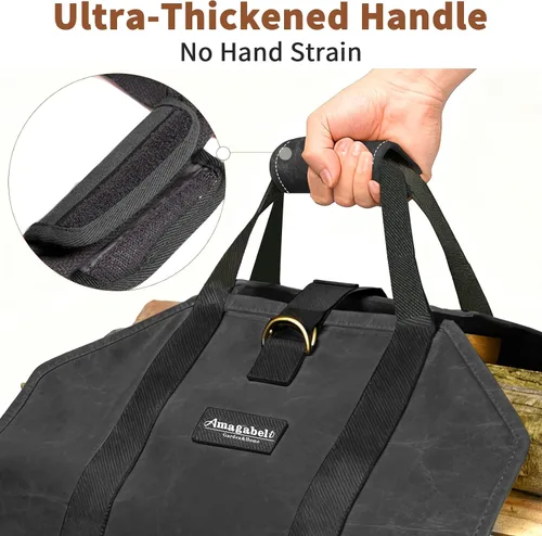 Vista 4 de Amagabeli - Bolsa de transporte de leña encerada, bolsa de transporte resistente para chimenea de leña grande con asas para camping, soporte