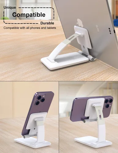 Vista 6 de Soporte de teléfono celular para escritorio, soporte plegable para iPhone, ajustable, portátil, manos libres, soporte para teléfono móvil