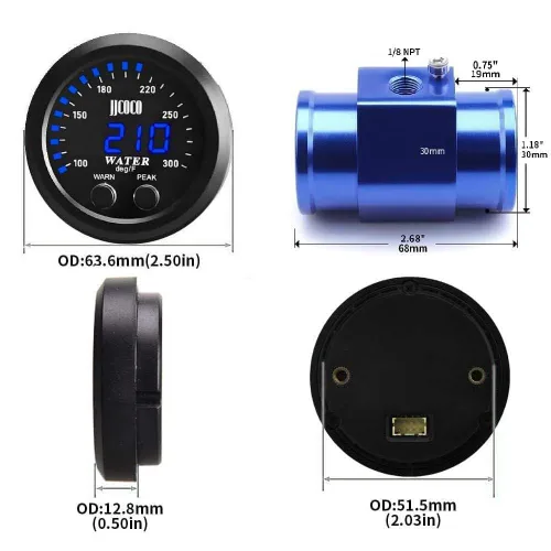Vista 3 de Universal 52mm Medidor de Temperatura de Agua 0-300F (-17~187C) Electrónico LED Digital Azul DC12V para Automóvil con Adaptador de Sensor