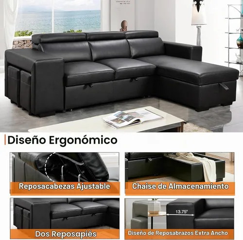 Vista 4 de THSUPER Sofá Seccional Reclinable de Cuero en Forma de L de 102 pulgadas con Cama Extraíble y Chaise de Almacenamiento, Sofás con Chaise Reversible